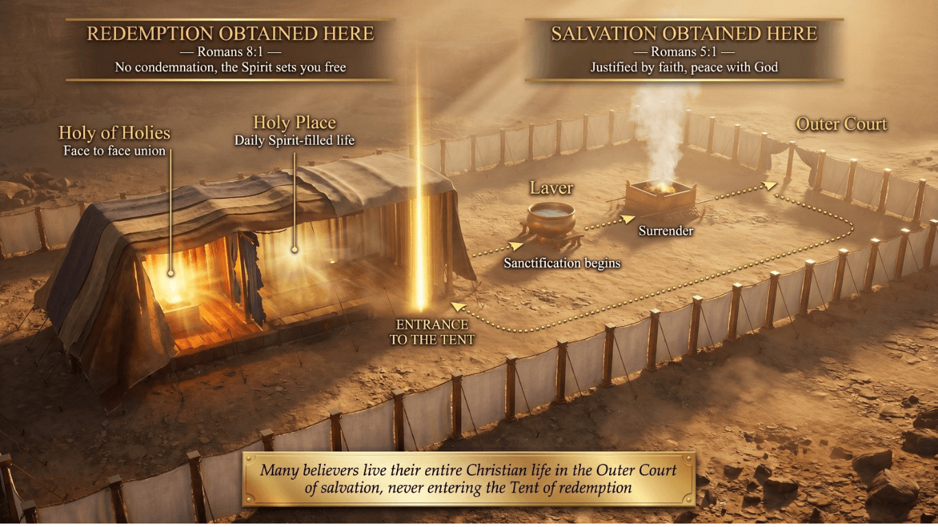 The Tabernacle of Moses showing the journey from salvation at the gate to redemption in the Tent