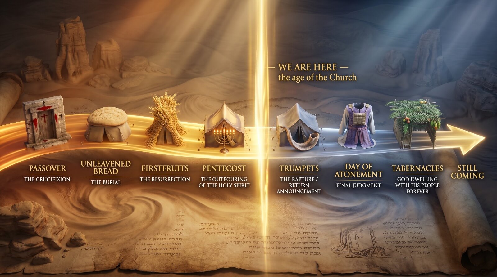 The seven feasts of Israel as a redemptive timeline — Passover, Unleavened Bread, Firstfruits, Pentecost, Trumpets, Day of Atonement, Tabernacles